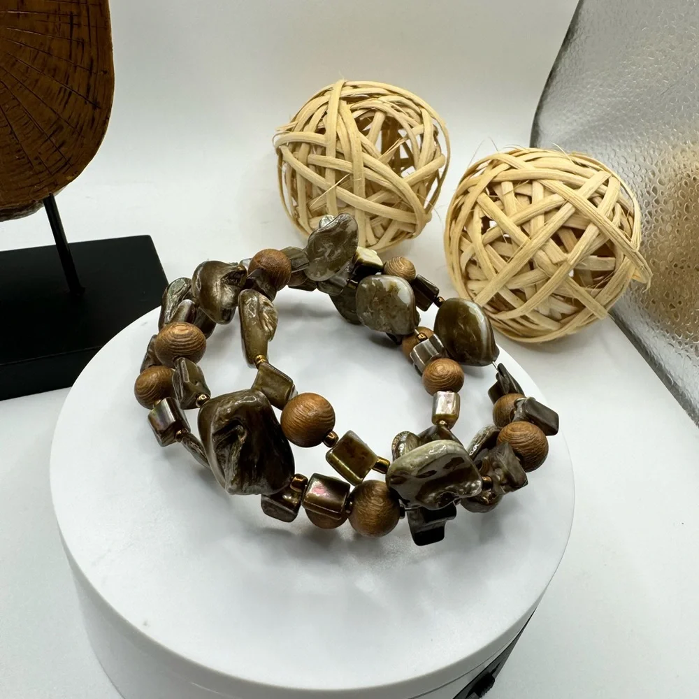 Wrap‎ Style Brown Stone and Bead Bracelet